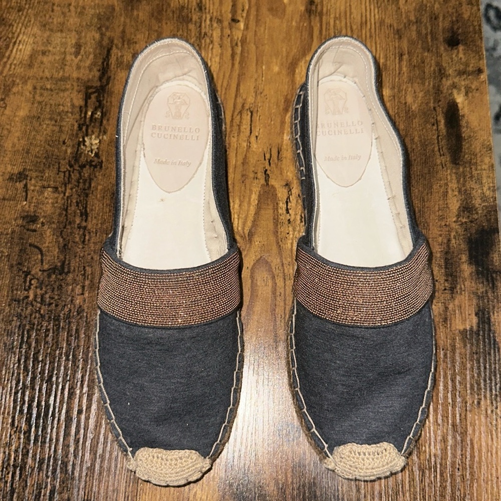 Brunello Cucinelli Gray and Tan Espadrilles